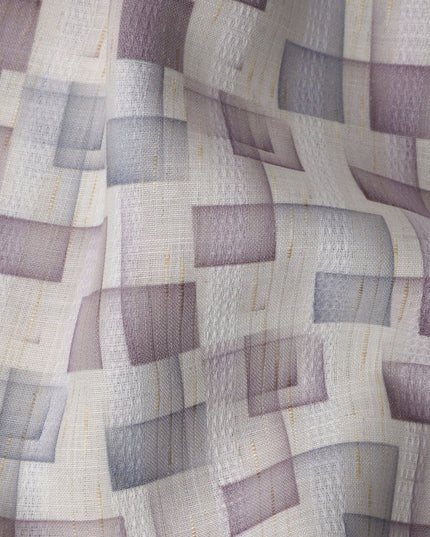 Ivory Multitone Checkered Print Blended Linen Fabric, Overlapping Geometric Box Design in Mauve and Grey, 140 Cms Width, Made in India-D23234