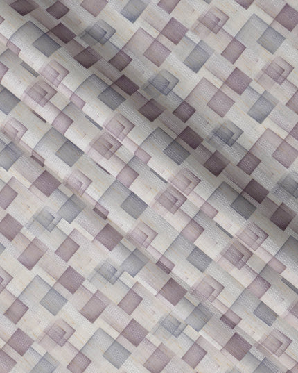 Ivory Multitone Checkered Print Blended Linen Fabric, Overlapping Geometric Box Design in Mauve and Grey, 140 Cms Width, Made in India-D23234