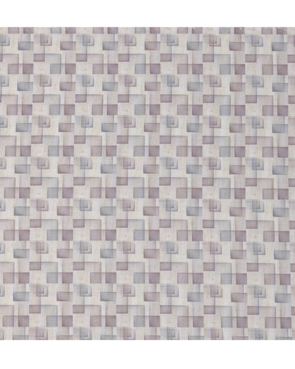 Ivory Multitone Checkered Print Blended Linen Fabric, Overlapping Geometric Box Design in Mauve and Grey, 140 Cms Width, Made in India-D23234