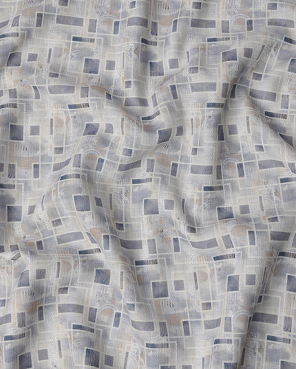 Cool Grey Abstract Grid Print Blended Linen Fabric, Layered Geometric Pattern in Navy and Beige Accents, 140 Cms Width, Made in India-D23235