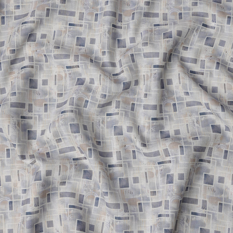 Cool Grey Abstract Grid Print Blended Linen Fabric, Layered Geometric Pattern in Navy and Beige Accents, 140 Cms Width, Made in India-D23235