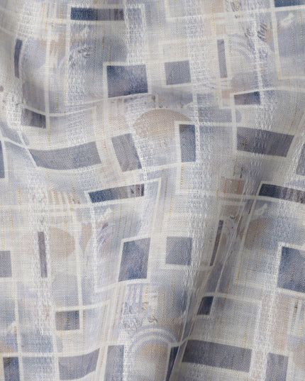 Cool Grey Abstract Grid Print Blended Linen Fabric, Layered Geometric Pattern in Navy and Beige Accents, 140 Cms Width, Made in India-D23235