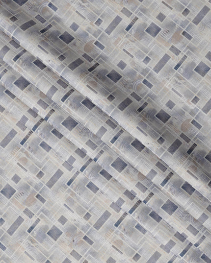 Cool Grey Abstract Grid Print Blended Linen Fabric, Layered Geometric Pattern in Navy and Beige Accents, 140 Cms Width, Made in India-D23235
