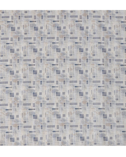 Cool Grey Abstract Grid Print Blended Linen Fabric, Layered Geometric Pattern in Navy and Beige Accents, 140 Cms Width, Made in India-D23235