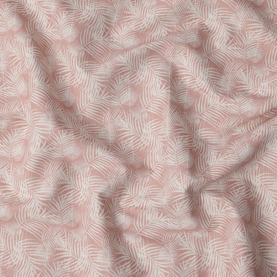 قماش كتان مخلوط بطبعة أوراق نخيل وردية، تصميم بزخارف نباتية استوائية بيضاء، عرض 140 سم، صنع في الهند - D23237