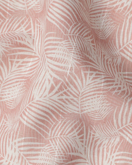 قماش كتان مخلوط بطبعة أوراق نخيل وردية، تصميم بزخارف نباتية استوائية بيضاء، عرض 140 سم، صنع في الهند - D23237