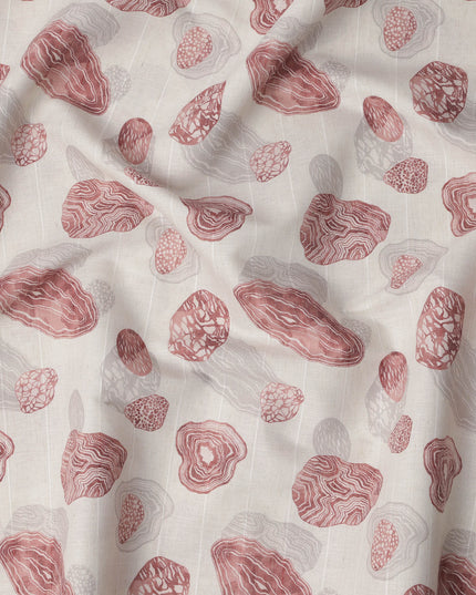 Off-White Agate Stone Print Blended Linen Fabric, Abstract Geode Motif in Rust and Grey Tones, 140 Cms Width, Made in India-D23238