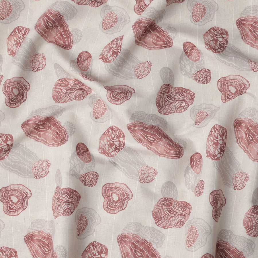 Off-White Agate Stone Print Blended Linen Fabric, Abstract Geode Motif in Rust and Grey Tones, 140 Cms Width, Made in India-D23238