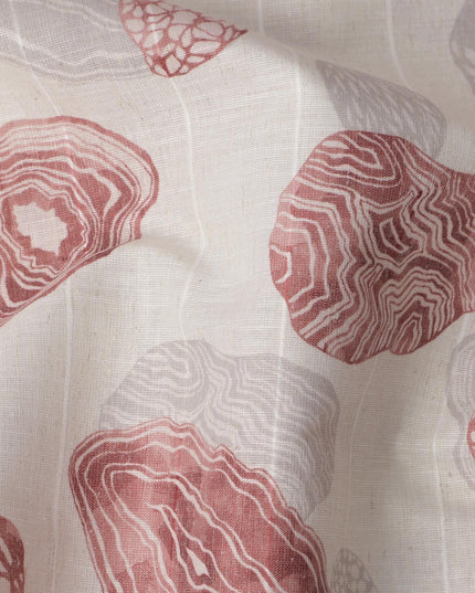 Off-White Agate Stone Print Blended Linen Fabric, Abstract Geode Motif in Rust and Grey Tones, 140 Cms Width, Made in India-D23238