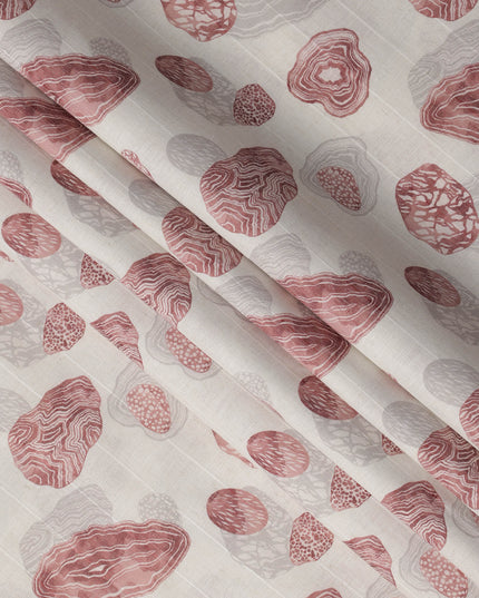 Off-White Agate Stone Print Blended Linen Fabric, Abstract Geode Motif in Rust and Grey Tones, 140 Cms Width, Made in India-D23238