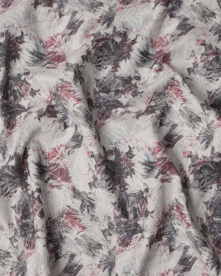 Muted Grey Floral Sketch Print Blended Linen Fabric, Abstract Leaf and Petal Motif in Maroon and Black, 140 Cms Width, Made in India-D23239