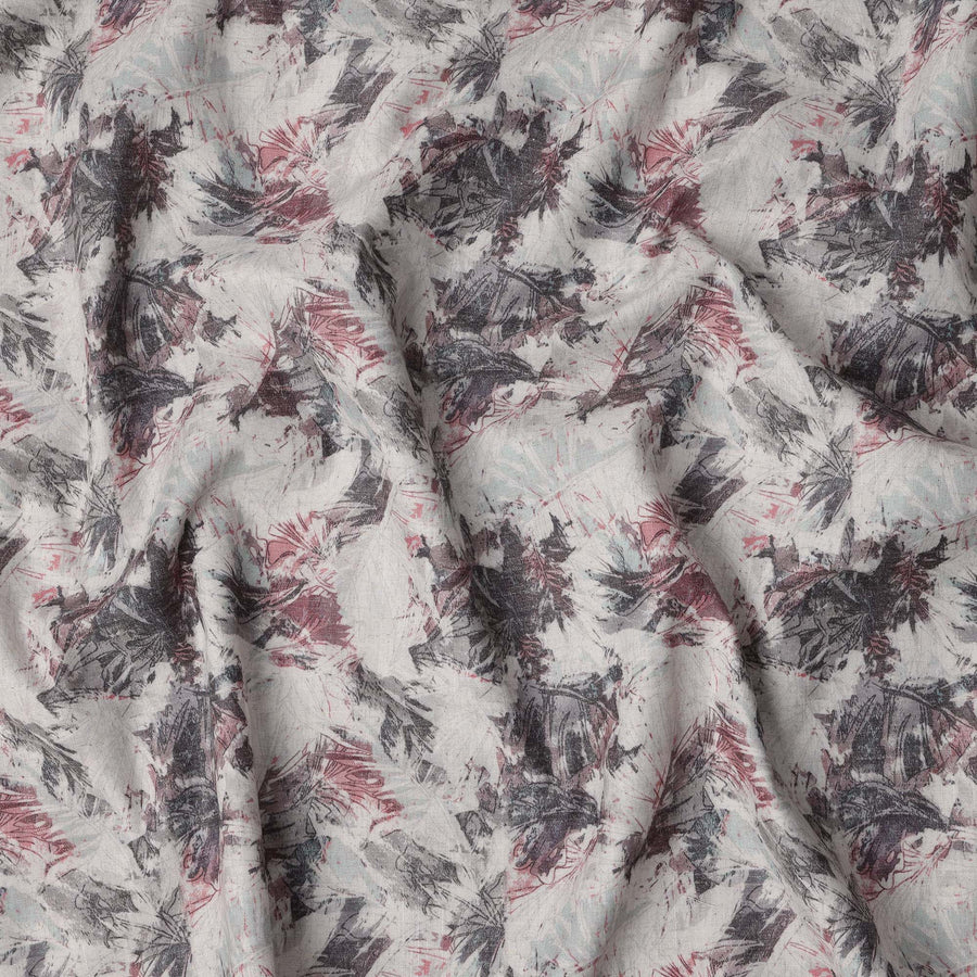 Muted Grey Floral Sketch Print Blended Linen Fabric, Abstract Leaf and Petal Motif in Maroon and Black, 140 Cms Width, Made in India-D23239
