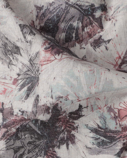 Muted Grey Floral Sketch Print Blended Linen Fabric, Abstract Leaf and Petal Motif in Maroon and Black, 140 Cms Width, Made in India-D23239