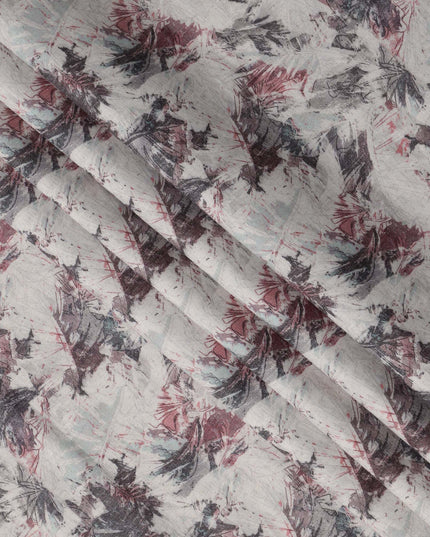 Muted Grey Floral Sketch Print Blended Linen Fabric, Abstract Leaf and Petal Motif in Maroon and Black, 140 Cms Width, Made in India-D23239