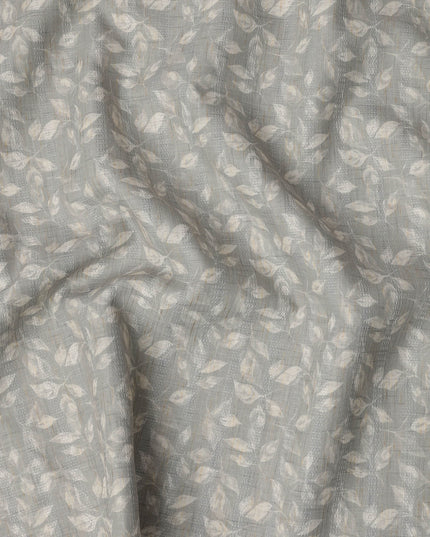 Dusty Sage Leaf Print Blended Linen Fabric, Subtle Botanical Motif in Beige and Ivory, 140 Cms Width, Made in India-D23240