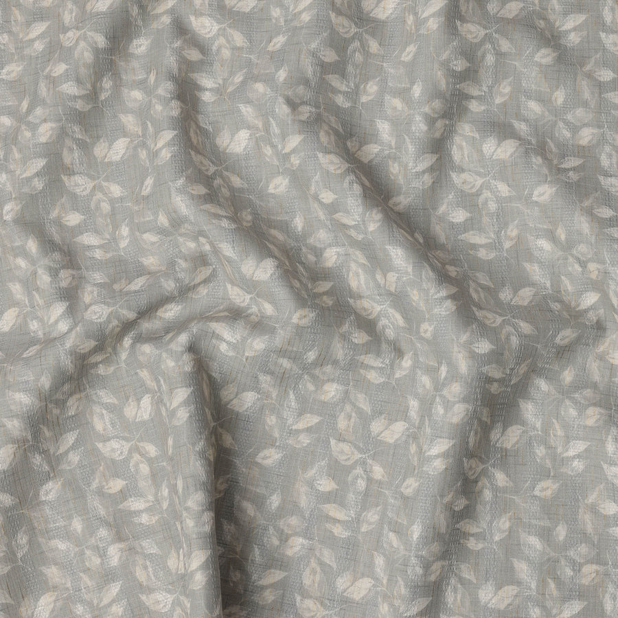 Dusty Sage Leaf Print Blended Linen Fabric, Subtle Botanical Motif in Beige and Ivory, 140 Cms Width, Made in India-D23240