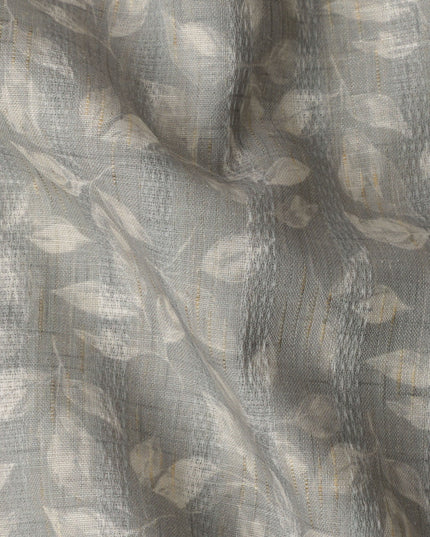 Dusty Sage Leaf Print Blended Linen Fabric, Subtle Botanical Motif in Beige and Ivory, 140 Cms Width, Made in India-D23240