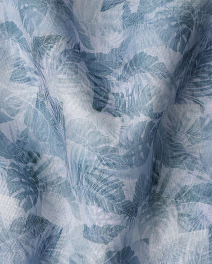 قماش كتان مخلوط بطبعة أوراق استوائية باللون الأزرق الفولاذي، تصميم متعدد الطبقات من نبات المونستيرا والنخيل بدرجات اللون الأزرق المائي والكحلي، عرض 140 سم، صنع في الهند - D23242