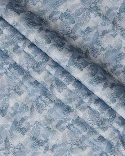 قماش كتان مخلوط بطبعة أوراق استوائية باللون الأزرق الفولاذي، تصميم متعدد الطبقات من نبات المونستيرا والنخيل بدرجات اللون الأزرق المائي والكحلي، عرض 140 سم، صنع في الهند - D23242