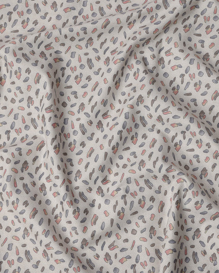 Beige Terrazzo Print Blended Linen Fabric, Scattered Abstract Motif in Coral, Slate Blue, and Grey Accents, 140 Cms Width, Made in India-D23243
