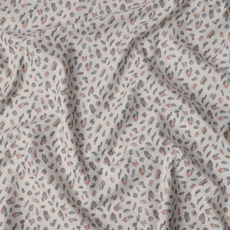 Beige Terrazzo Print Blended Linen Fabric, Scattered Abstract Motif in Coral, Slate Blue, and Grey Accents, 140 Cms Width, Made in India-D23243