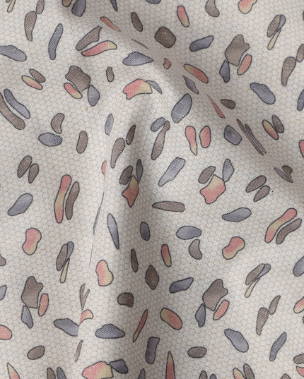 Beige Terrazzo Print Blended Linen Fabric, Scattered Abstract Motif in Coral, Slate Blue, and Grey Accents, 140 Cms Width, Made in India-D23243