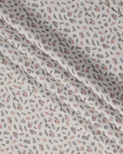 Beige Terrazzo Print Blended Linen Fabric, Scattered Abstract Motif in Coral, Slate Blue, and Grey Accents, 140 Cms Width, Made in India-D23243