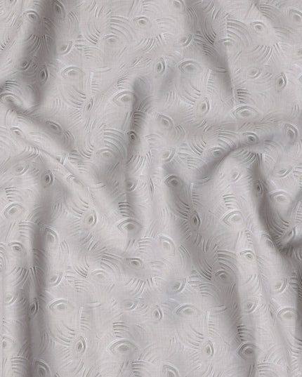 Pearl Grey Jacquard Eye Motif Blended Linen Fabric, Textured Woven Abstract Pattern with Subtle Sheen, 140 Cms Width, Made in India-D23244