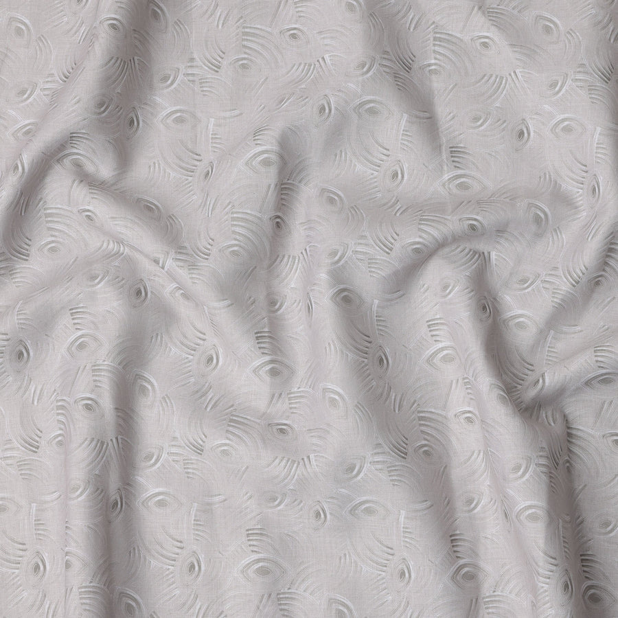 Pearl Grey Jacquard Eye Motif Blended Linen Fabric, Textured Woven Abstract Pattern with Subtle Sheen, 140 Cms Width, Made in India-D23244