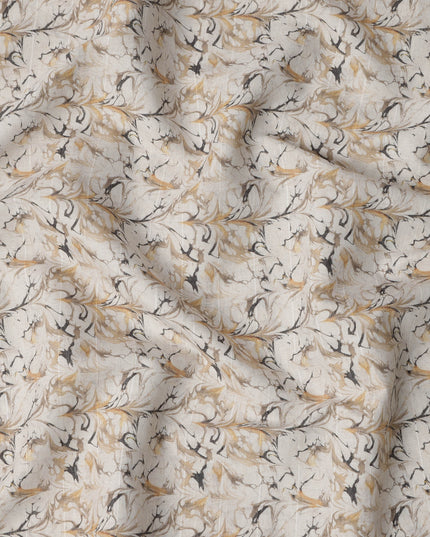 Beige Marbled Floral Print Blended Linen Fabric, Classic Swirl Leaf Design in Mustard and Charcoal Tones, 140 Cms Width, Made in India-D23245