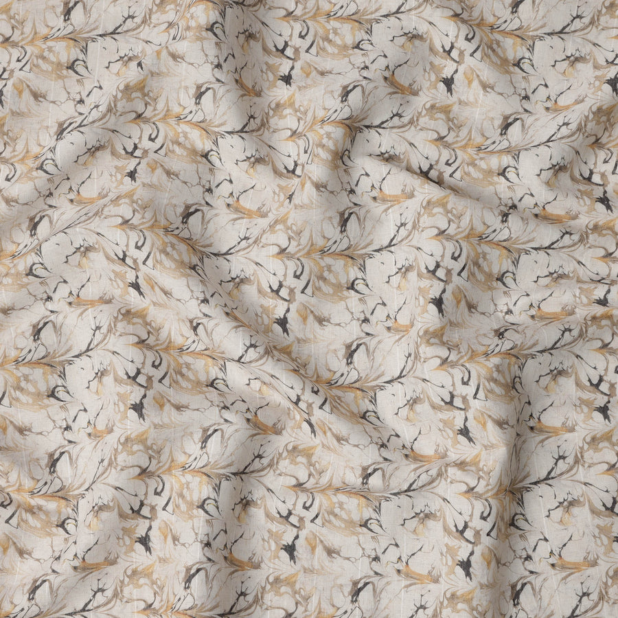 Beige Marbled Floral Print Blended Linen Fabric, Classic Swirl Leaf Design in Mustard and Charcoal Tones, 140 Cms Width, Made in India-D23245