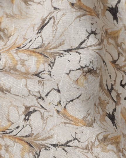 Beige Marbled Floral Print Blended Linen Fabric, Classic Swirl Leaf Design in Mustard and Charcoal Tones, 140 Cms Width, Made in India-D23245
