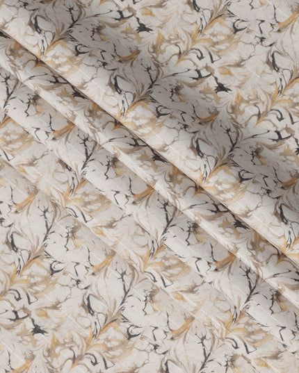 Beige Marbled Floral Print Blended Linen Fabric, Classic Swirl Leaf Design in Mustard and Charcoal Tones, 140 Cms Width, Made in India-D23245