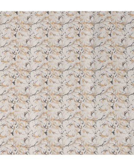 Beige Marbled Floral Print Blended Linen Fabric, Classic Swirl Leaf Design in Mustard and Charcoal Tones, 140 Cms Width, Made in India-D23245