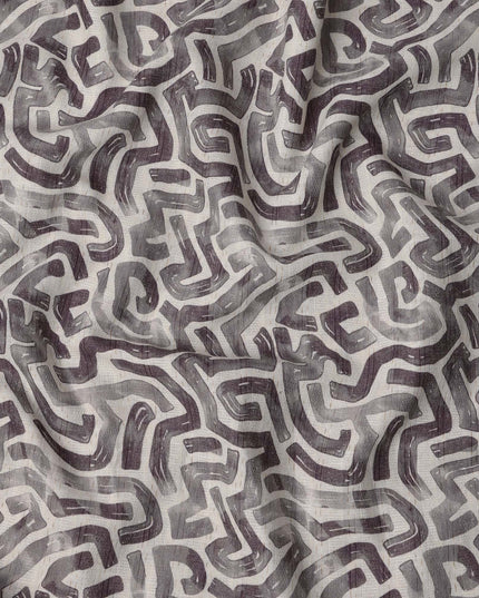 Ash Grey Abstract Maze Print Blended Linen Fabric, Hand-Painted Labyrinth Design in Charcoal and Smoke Tones, 140 Cms Width, Made in India-D23246