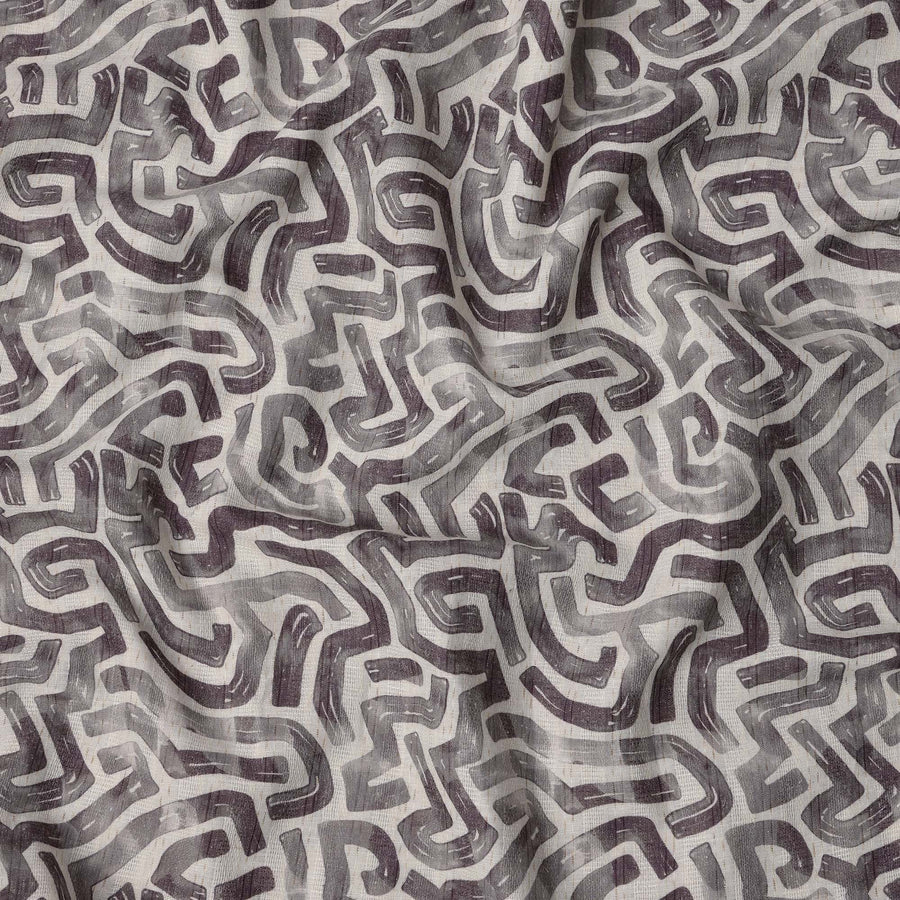 Ash Grey Abstract Maze Print Blended Linen Fabric, Hand-Painted Labyrinth Design in Charcoal and Smoke Tones, 140 Cms Width, Made in India-D23246