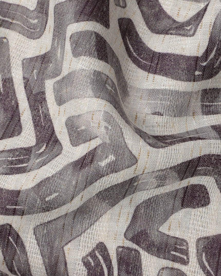 Ash Grey Abstract Maze Print Blended Linen Fabric, Hand-Painted Labyrinth Design in Charcoal and Smoke Tones, 140 Cms Width, Made in India-D23246