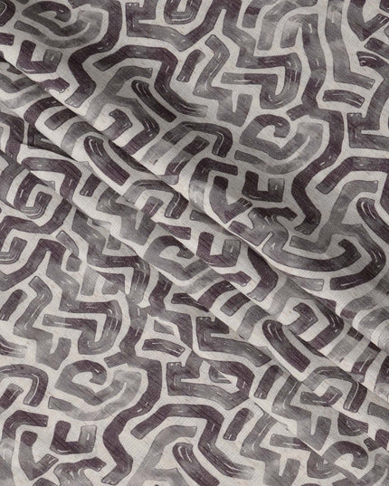 Ash Grey Abstract Maze Print Blended Linen Fabric, Hand-Painted Labyrinth Design in Charcoal and Smoke Tones, 140 Cms Width, Made in India-D23246