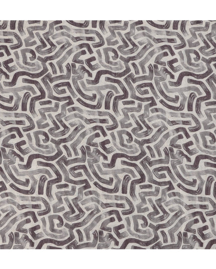 Ash Grey Abstract Maze Print Blended Linen Fabric, Hand-Painted Labyrinth Design in Charcoal and Smoke Tones, 140 Cms Width, Made in India-D23246