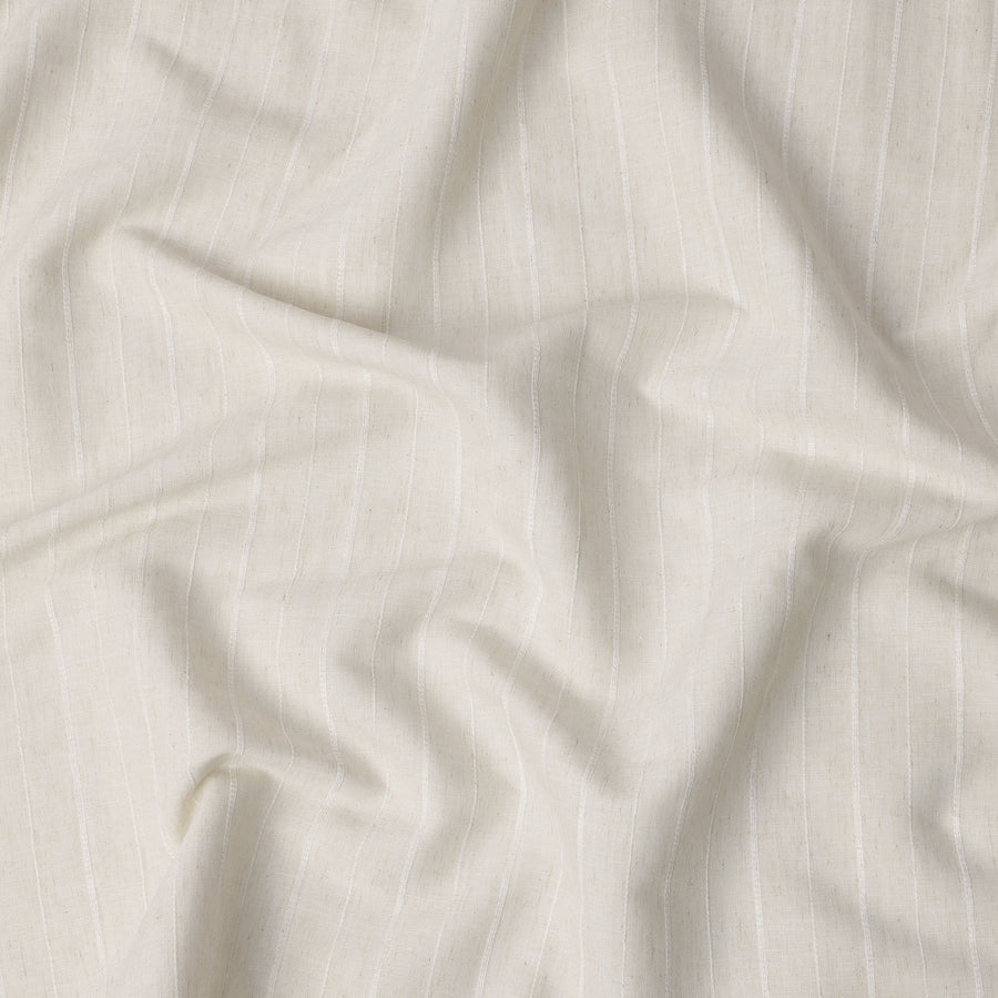Off-White Textured Stripe Blended Linen Fabric, Vertical Self-Stripe Woven Detailing with Natural Slub Finish, 140 Cms Width, Made in India-D23250