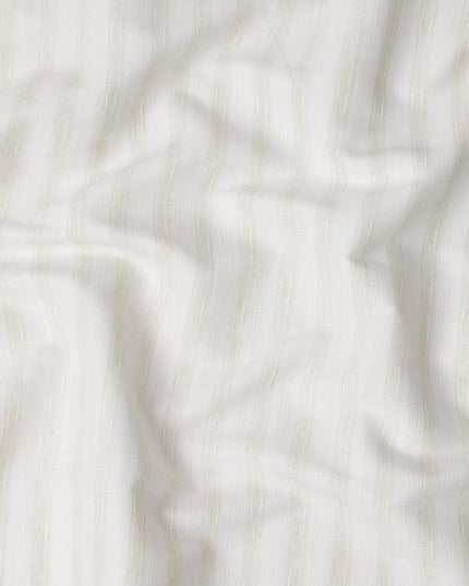 Pearl White Self-Textured Vertical Stripe Blended Linen Fabric, Subtle Diamond Weave and Slub Detailing, 140 Cms Width, Made in India-D23251
