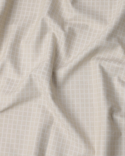 Beige and White Geometric Grid Woven Blended Linen Fabric, Contemporary Textured Square Pattern, 140 Cms Width, Made in India-D23252