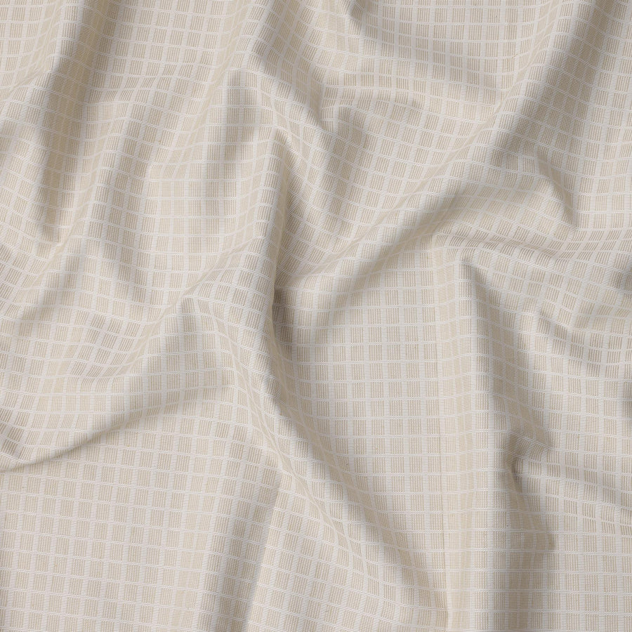 Beige and White Geometric Grid Woven Blended Linen Fabric, Contemporary Textured Square Pattern, 140 Cms Width, Made in India-D23252