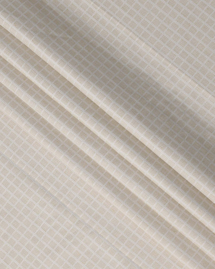 Beige and White Geometric Grid Woven Blended Linen Fabric, Contemporary Textured Square Pattern, 140 Cms Width, Made in India-D23252