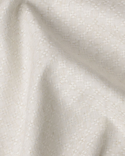 Ivory Woven Checkered Self-Textured Blended Linen Fabric, Elegant Raised Pattern, 140 Cms Width, Made in India-D23254