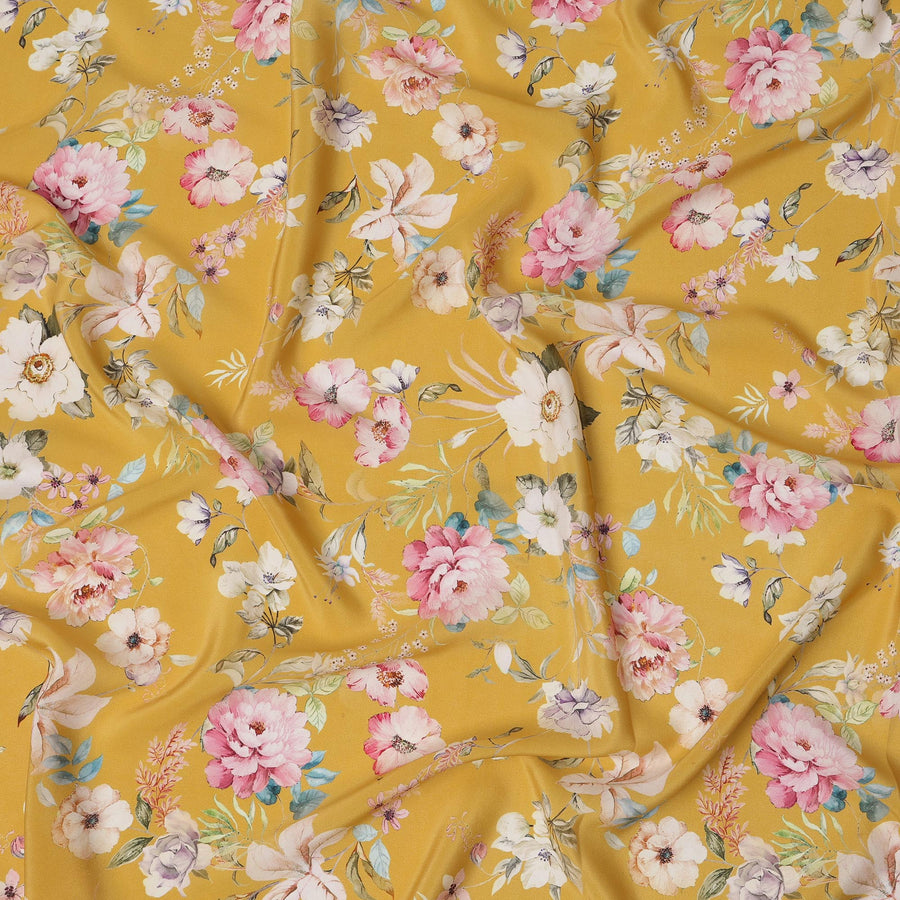 قماش كريب حريري مطبوع عليه زهور باللون الأصفر الخردلي بتصميم حديقة باستيل، عرض 110 سم، صنع في الهند - D23344