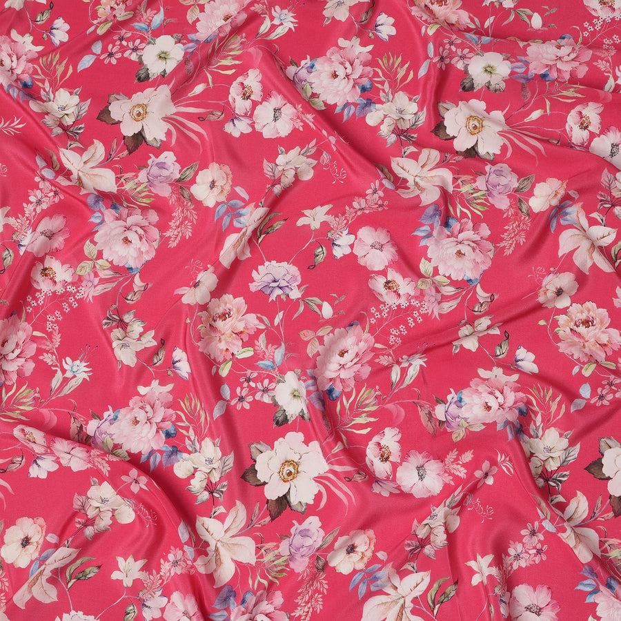 Rani Pink Floral Printed Silk Crepe Fabric with Pastel Blossom Motifs, 110 Cms Width, Made in India-D23346
