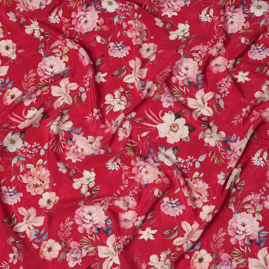 Crimson Red Floral Printed Silk Crepe Fabric with Pastel Blossom Pattern, 110 Cms Width, Made in India-D23347