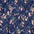 Navy Blue Floral Printed Silk Crepe Fabric with Soft Peach and White Blossom Design, 110 Cms Width, Made in India-D23348