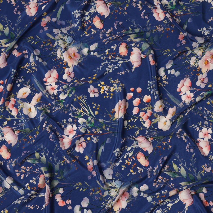 Navy Blue Floral Printed Silk Crepe Fabric with Soft Peach and White Blossom Design, 110 Cms Width, Made in India-D23348
